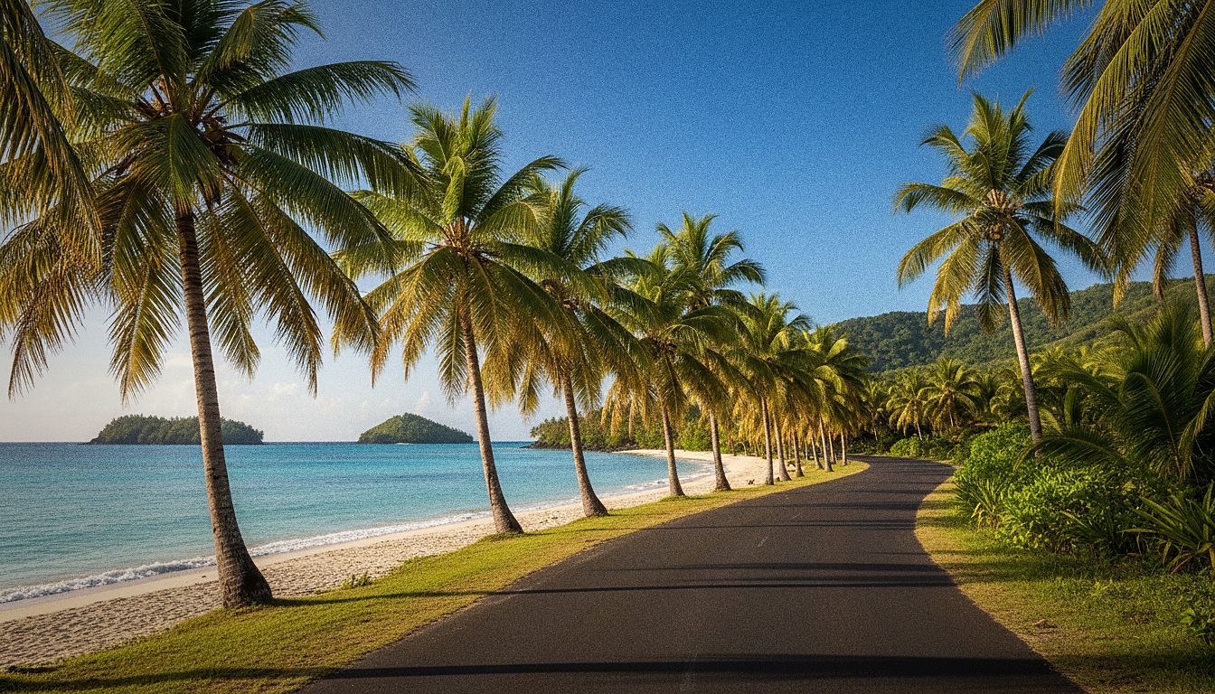 Route côtière de l'Île Maurice bordée de palmiers, idéale pour un road trip en voiture de location