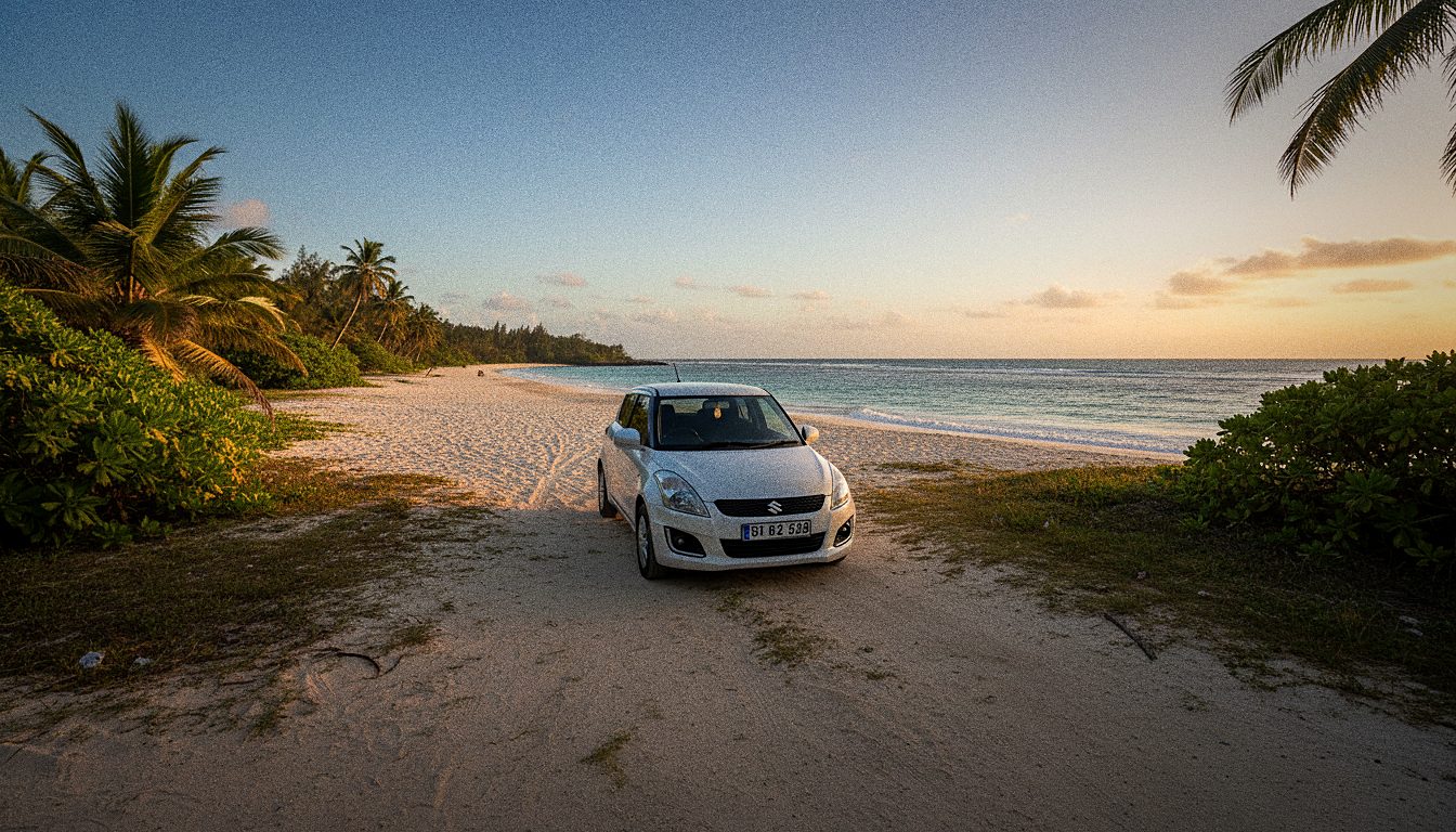 Voiture de location garée devant une plage de l'Île Maurice au coucher du soleil
