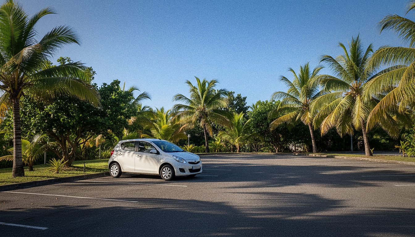 Petite citadine blanche garée sur un parking bordé de palmiers à l'Île Maurice