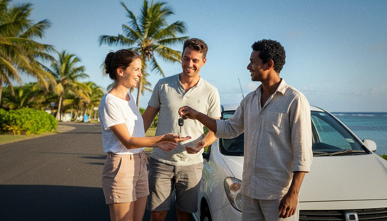 Client mauricien remettant les clés d'une petite voiture de location à un couple de touristes