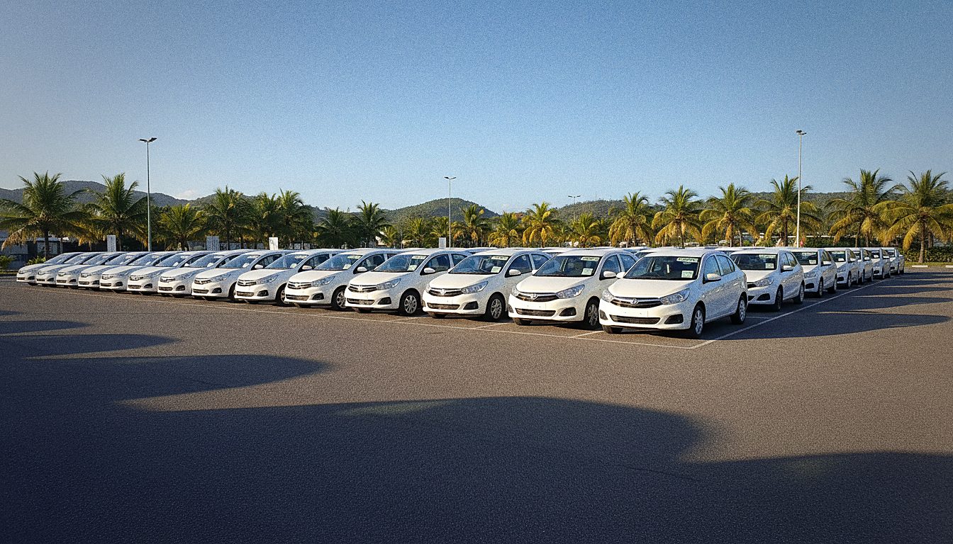 Alignement de citadines économiques climatisées sur un parking de location à Maurice