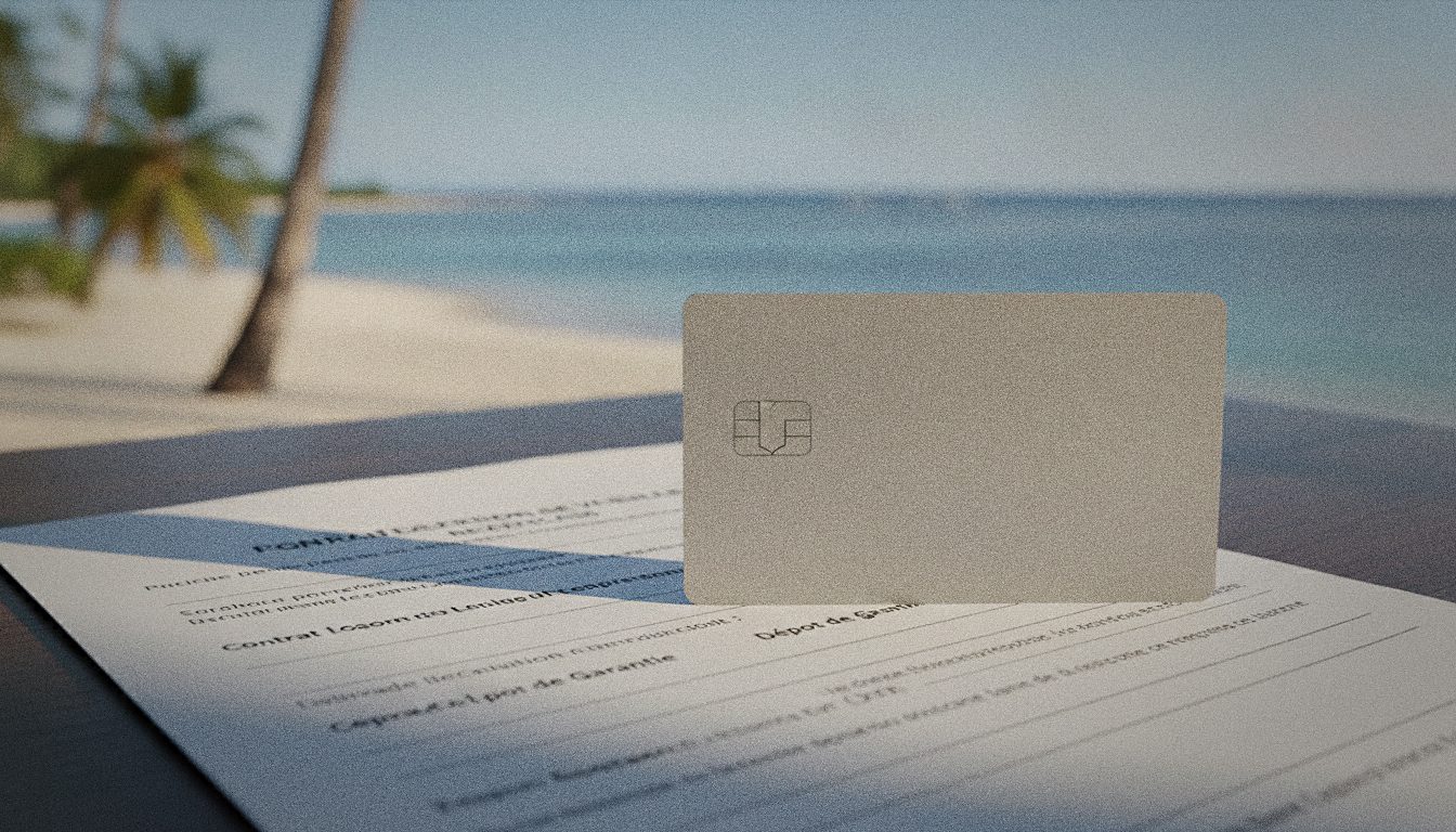 Carte de crédit posée sur un contrat de location de voiture, illustrant le dépôt de garantie