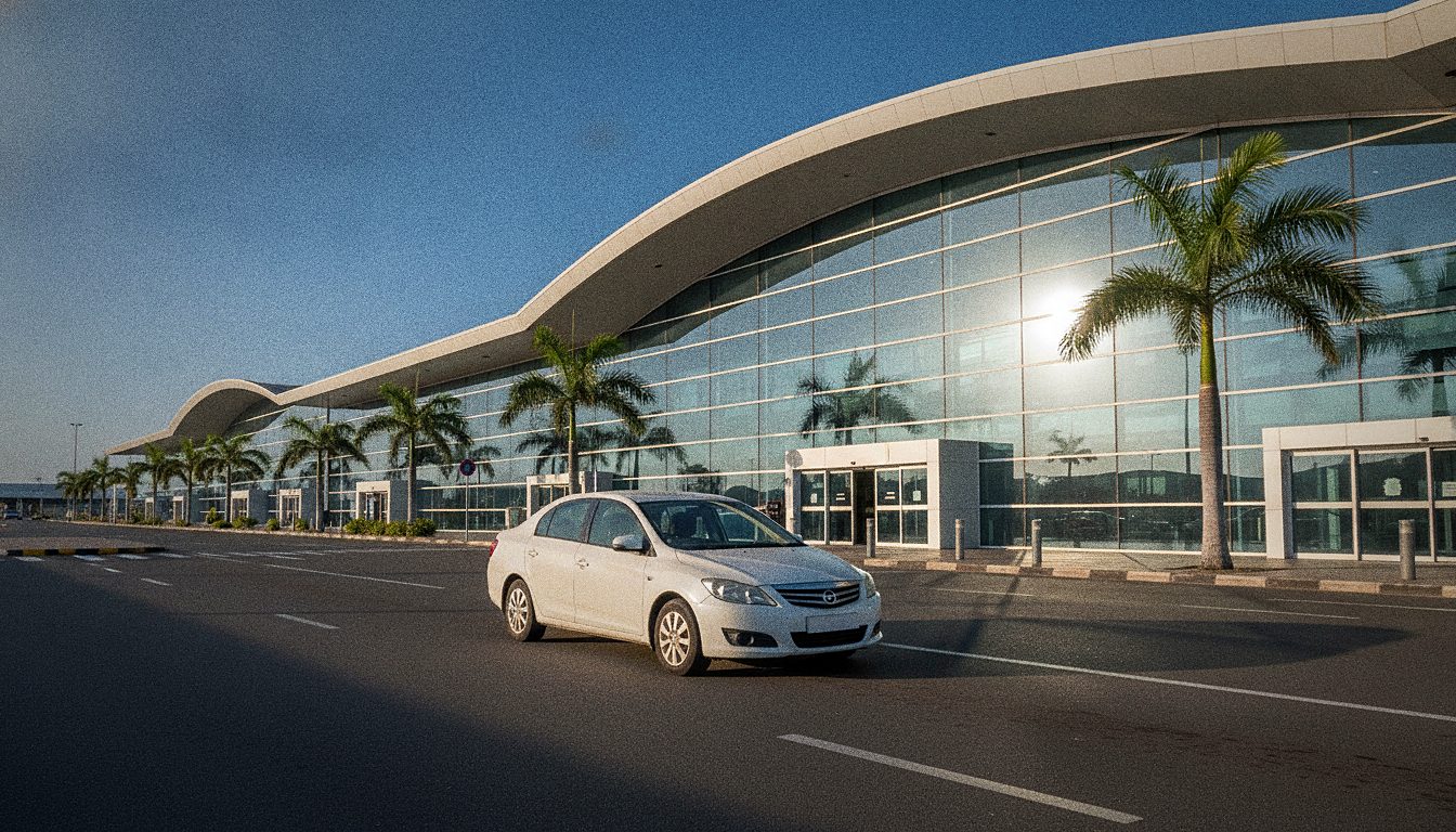 Voiture de location garée devant le terminal de l'aéroport international SSR à l'Île Maurice