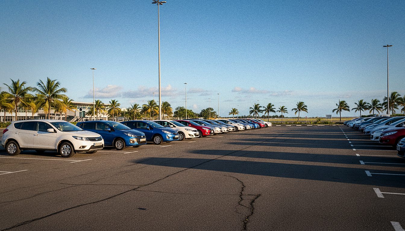 Rangée de voitures de location garées près de l'aéroport de l'Île Maurice