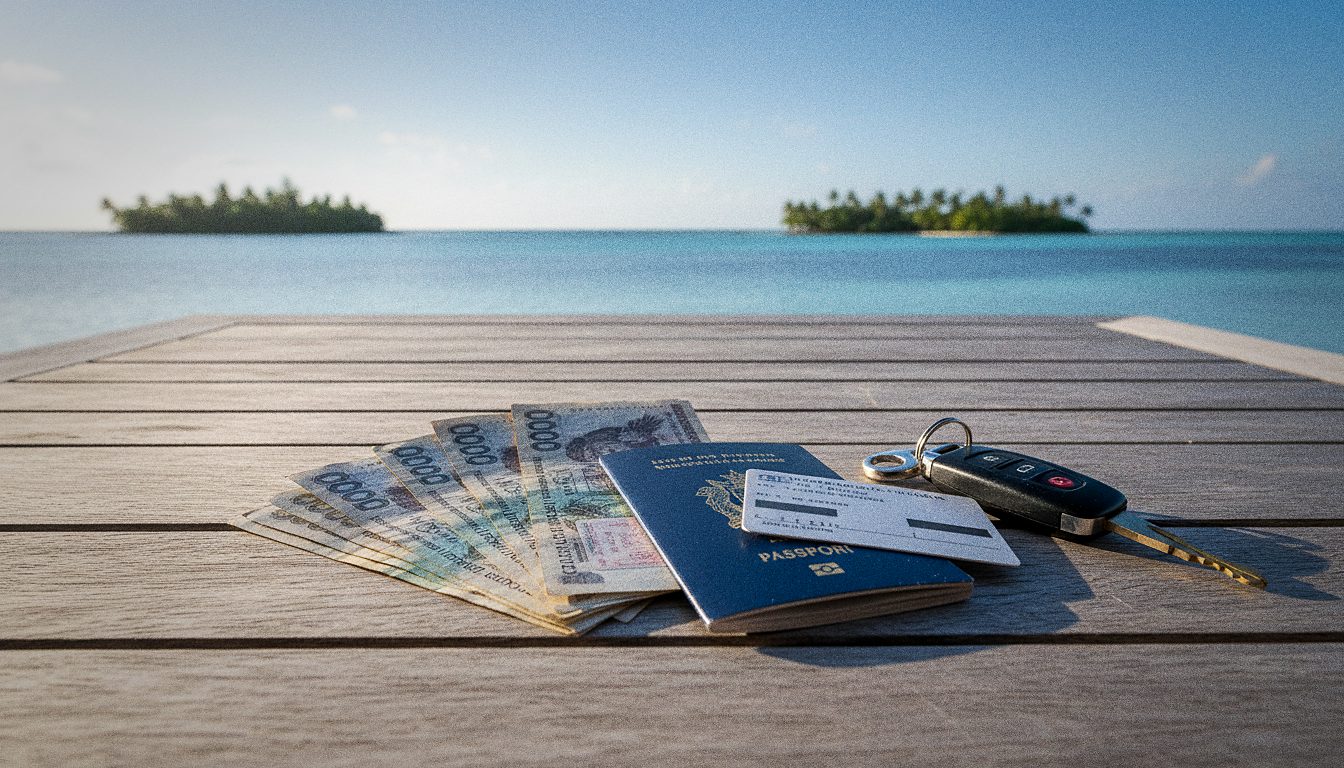 Billets de banque et passeport posés à côté des clés d'une voiture de location à Maurice