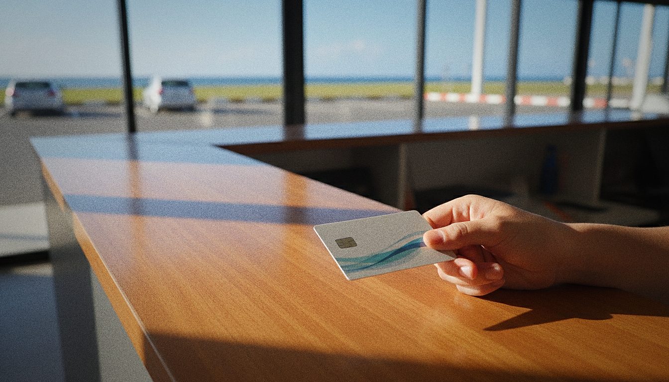 Carte bancaire de débit présentée au comptoir d'une agence de location de voiture à l'aéroport de Maurice