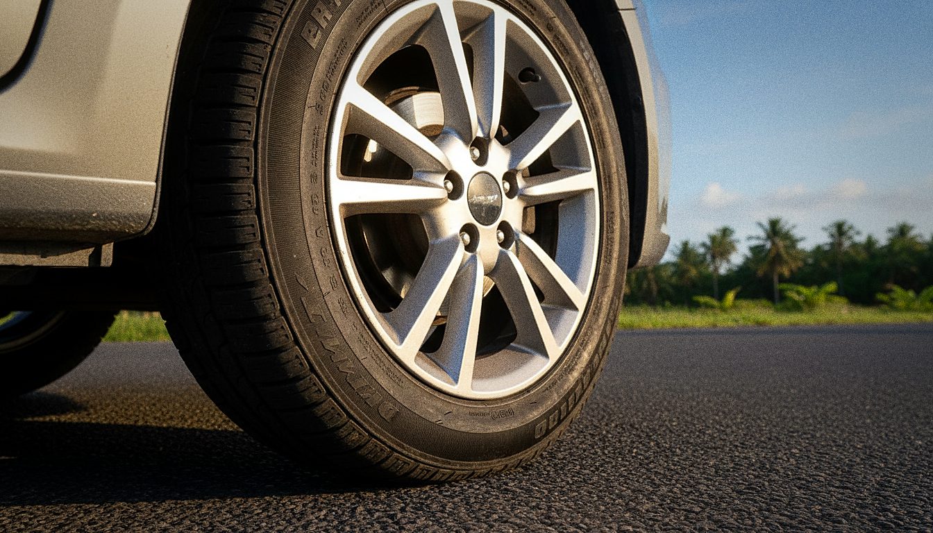 Gros plan sur un pneu et une jante de voiture de location garée sur une route à Maurice