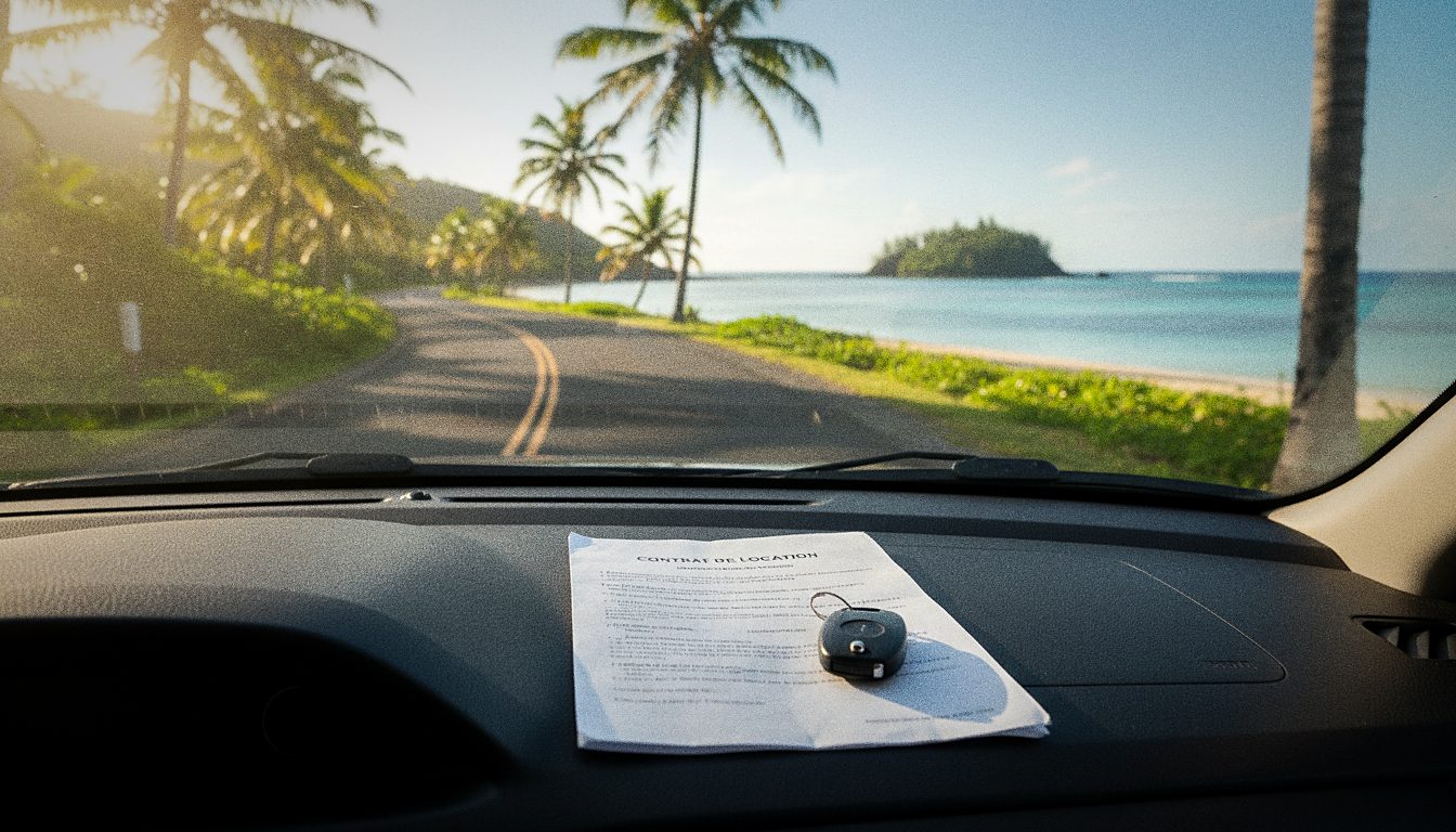 Contrat de location et clés de voiture posés sur le tableau de bord à Maurice