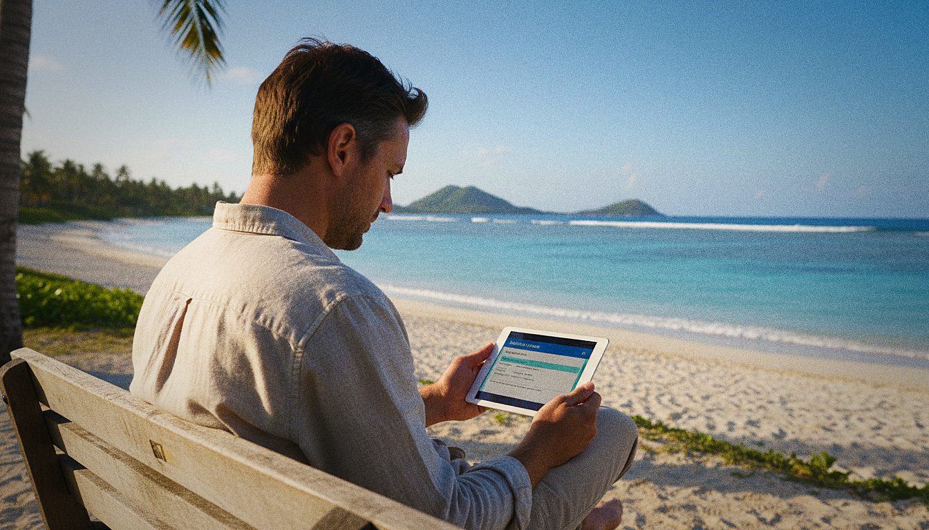 Voyageur relisant un bon de réservation de location de voiture sur sa tablette